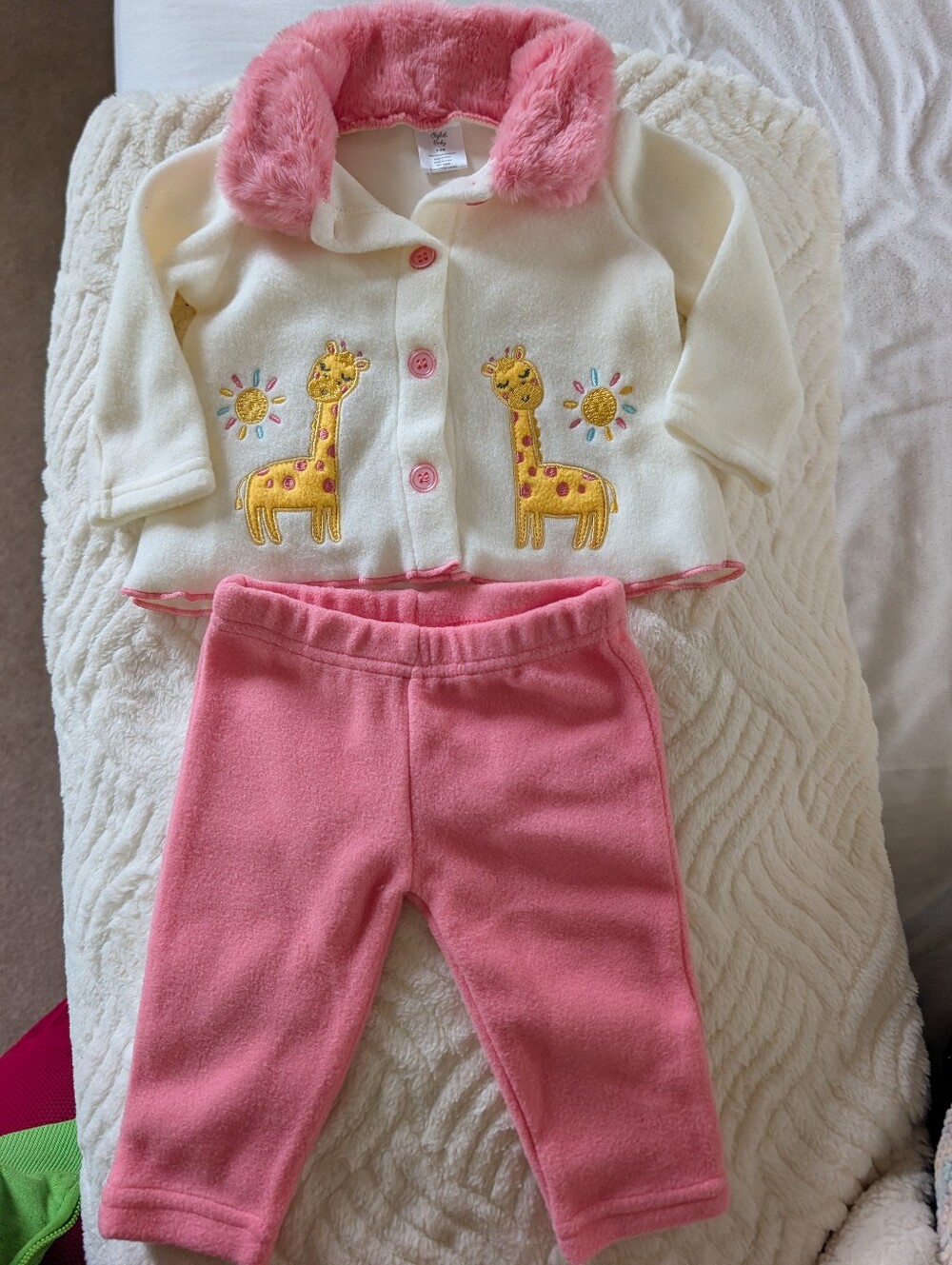 NWOT Vintage Baby Girl Fleece Giraffe Cardigan Pants Set 0-3M